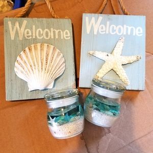 Welcome wood sign & light up sea & sand  Candle